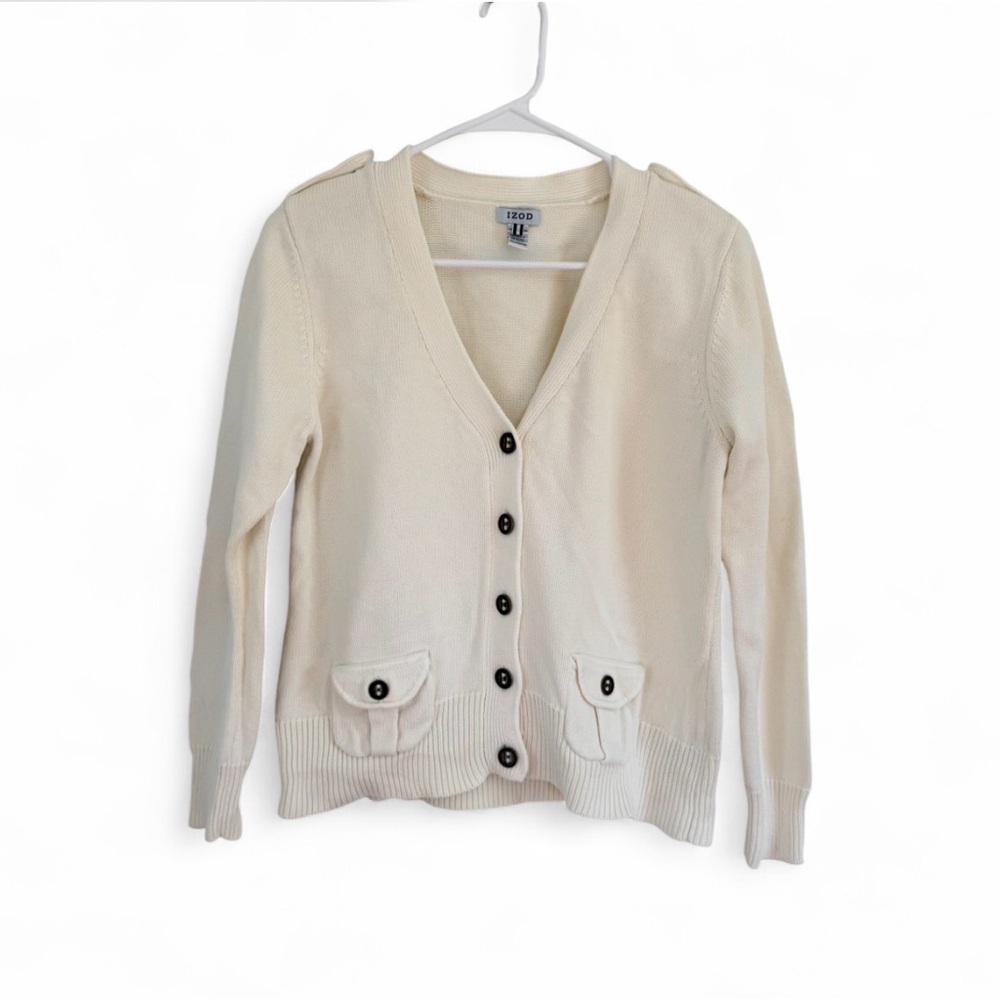 Izod Cardigan Sweater Women XL Cream 100% Cotton Knit Golf Preppy Comfy Pockets